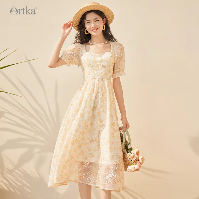 

ARTKA 2023 Summer New Women Dress French Jacquard Embroidery Square Collar Dresses Puff Sleeve A-line Long Floral Dress LA92135X