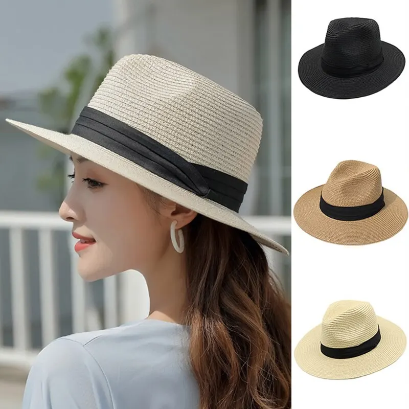 Foldable Straw Sun Hat Wide Brim Summer Floppy Beach Hat Sun Protection Panama Hat for Men Women Packable Foldable Travel