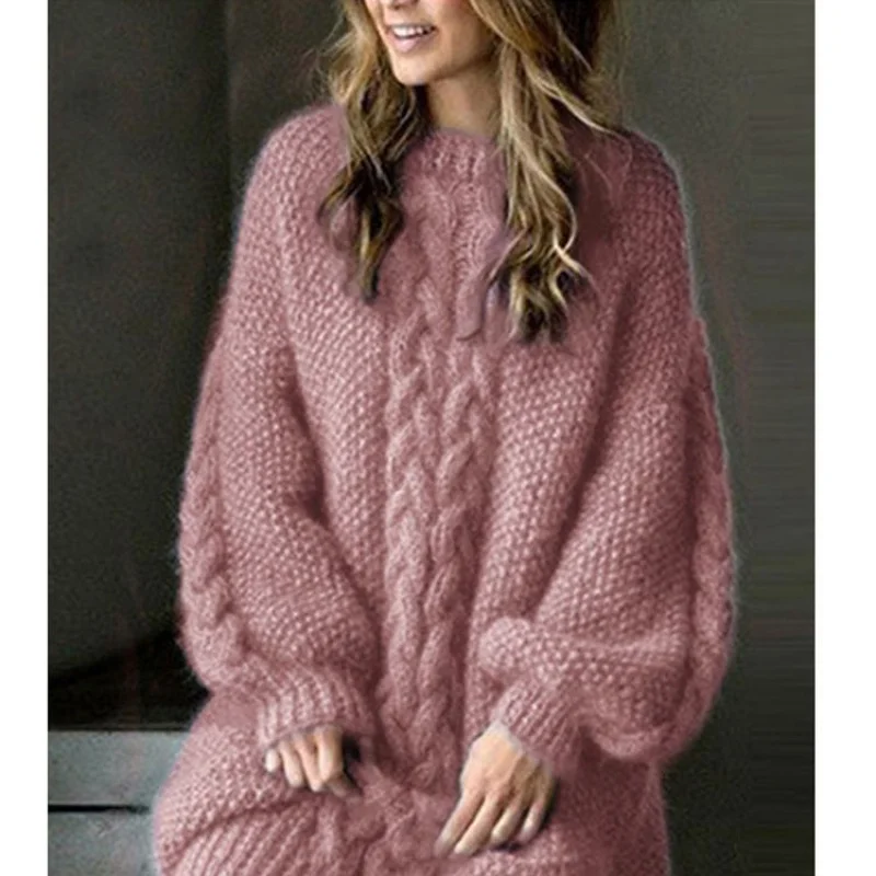 Thickened Long European American Dress Woolen Women's Loose and Idle Lantern Sleeve Pullover Knitted Sweater Wholesale