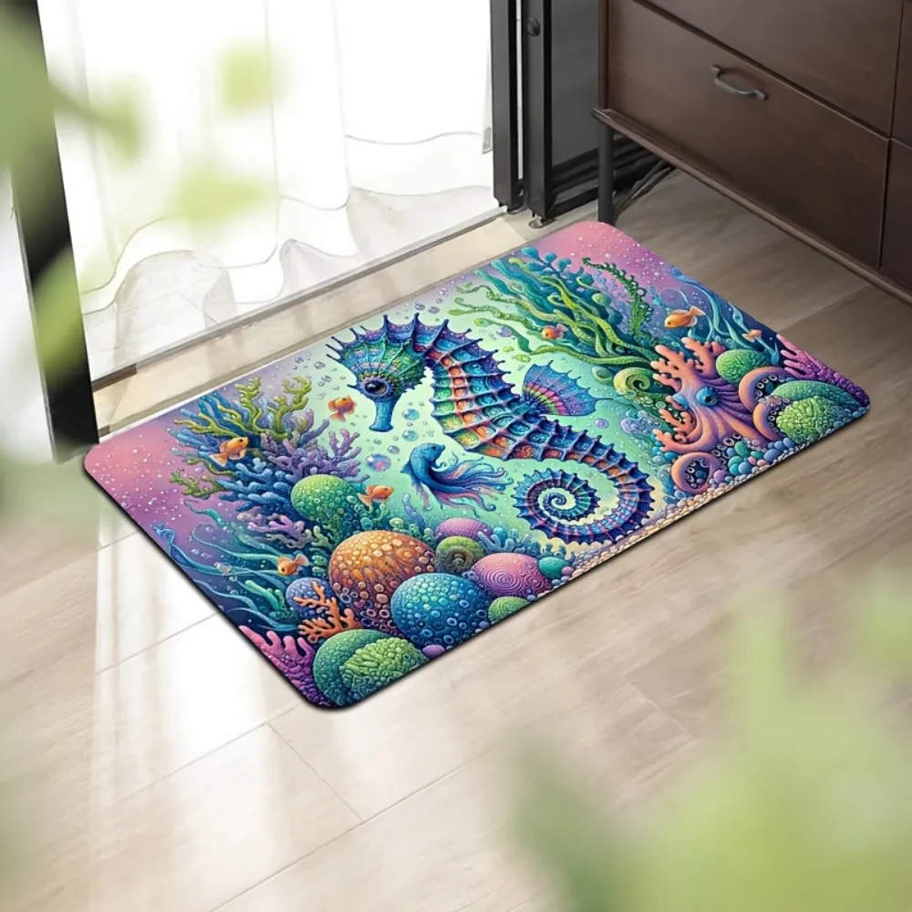 VIKAMA Seahorse Octopus Underwater World Printed Rug, Children's Room Play Mat - Shock-Absorbing, Machine Washable Home Decor