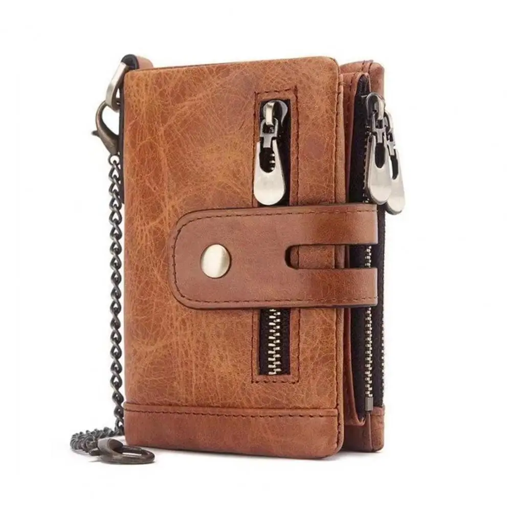 

Safe Buckle Chain Male Wallet Vintage Individual Grids Large Capacity Cowhide Zipper Wallet for Man