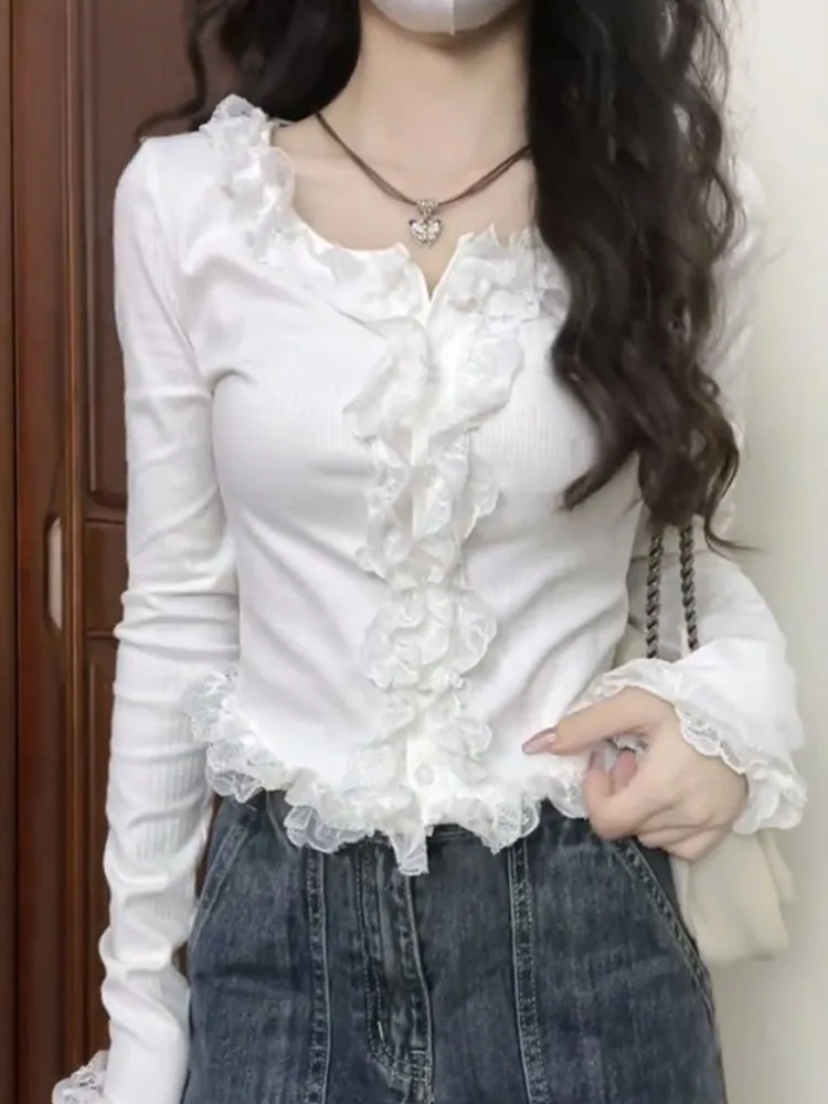 Korean Fashion Sexy White T-Shirts Slim Gyaru Chic Lace Tees Gyaru O-Neck Crop Top Casual Simple Streetwear Mori Girl Coquette