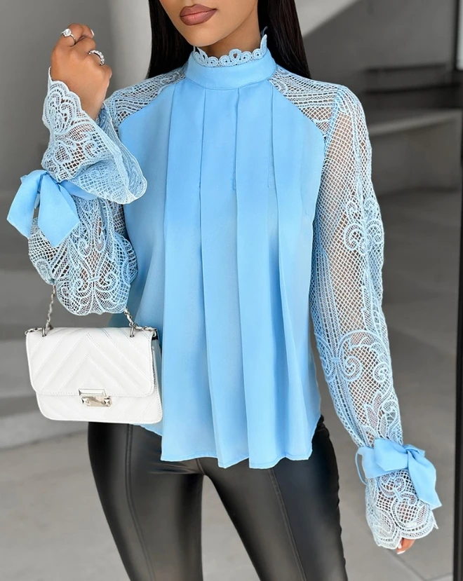 

Casual Womens Tops Fashion Blouses Contrast Lace Tied Detail Ruched Long Sleeve Stand Collar Top Elegant Female Pullover Shirt