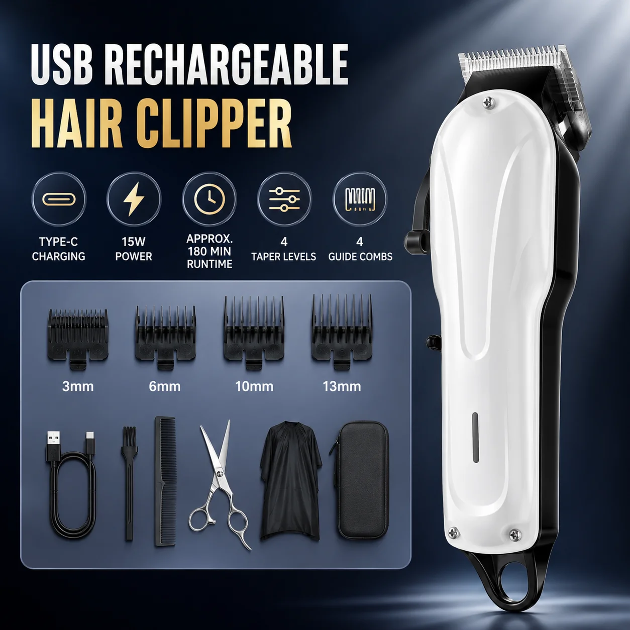 Professional 15W Hair clipper Trimmer for Men, Type-C Rechargeable Barber Cutter with 4-Level Lever and Wider R-Type Blade