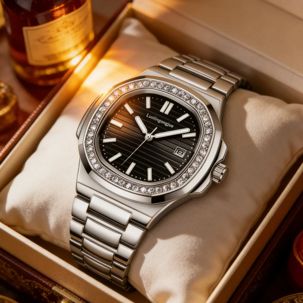 

New Luxury Automatic Mechanical Watch for Men, Striped Dial with Diamond-Encrusted Bezel, Date Function, Skeleton Design, Waterproof, Stylish Sports Watch, Gentlemanly Business Casual Watch, Perfect Gift for Anniversaries and Birthdays