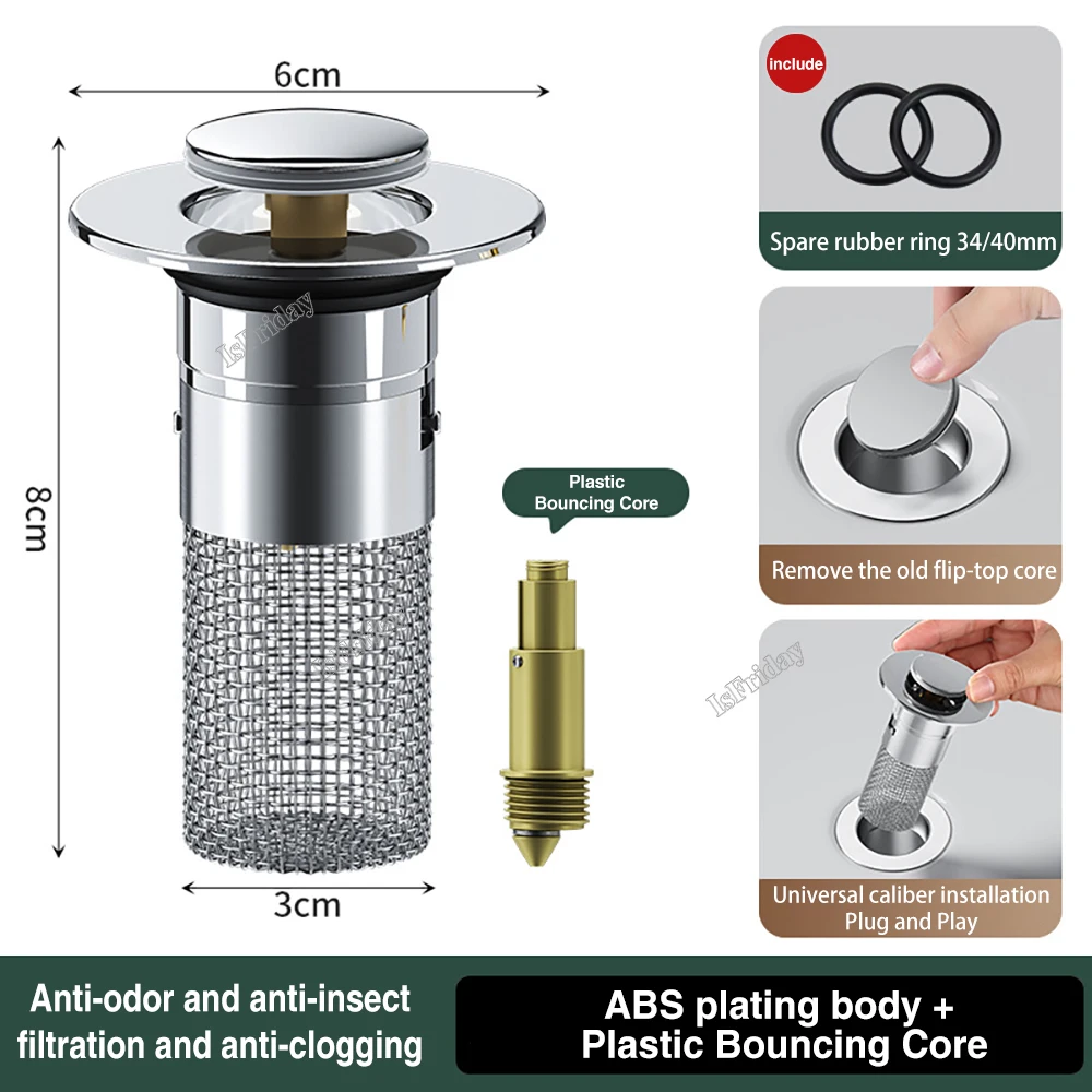 Tapón colador de drenaje de fregadero, núcleo de rebote de lavabo, fregadero tipo prensa, tapón de fuga de agua, prevención de olores y bloqueos