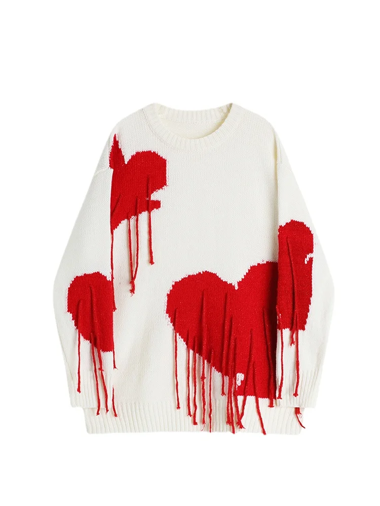 

2024 Women Autumn Sweaters Fashion Knitted Streetwear Heart Tassel Pullover Retro Sweater Gothic Oversize Knitwear Tops Feamle