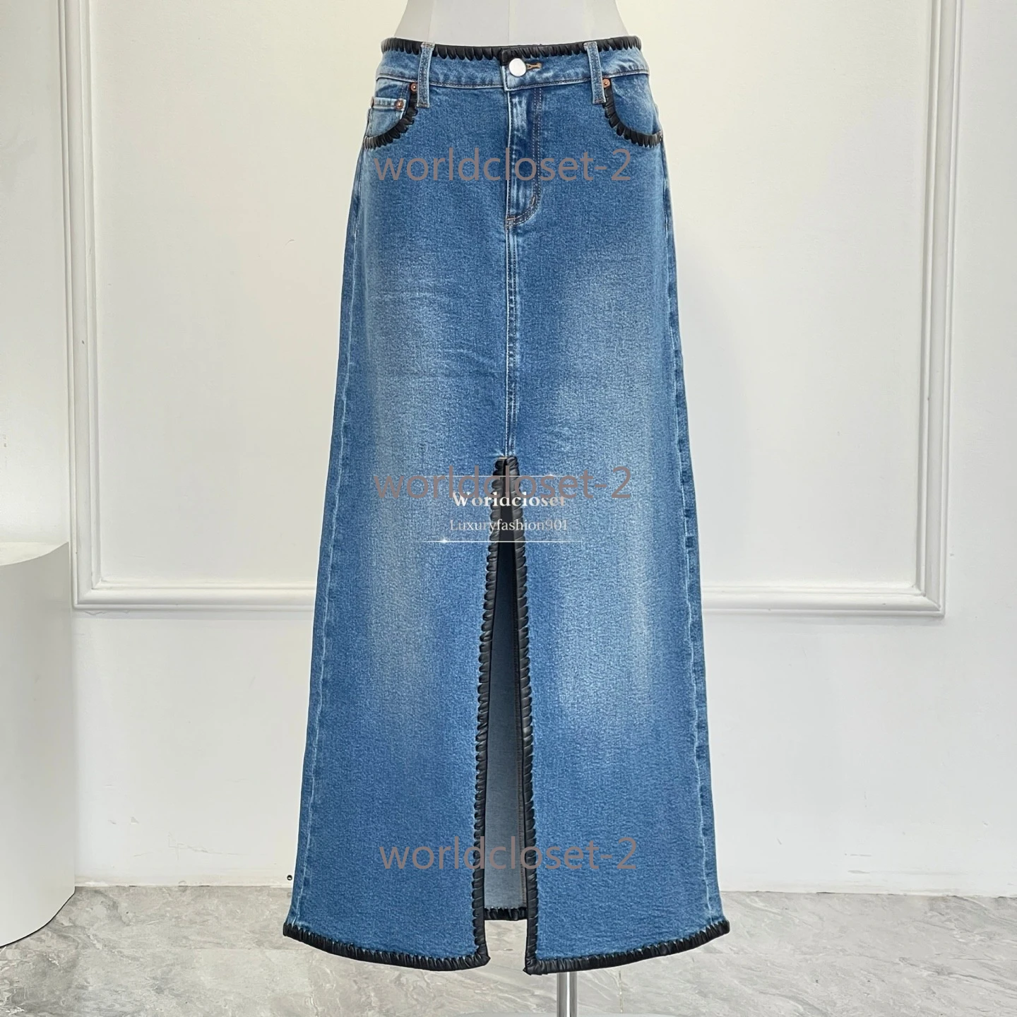 

Denim Contrast Black Scallop Trim Front Slit A-Line Denim Midi Skirt