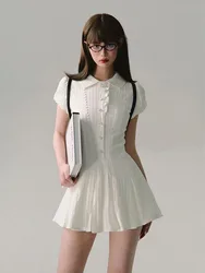 Mini vestido de estilo formal, branco, doce, fino, manga folhada, colarinho polo, curto, casual, vestido de verão para meninas, elegância francesa, Y2K