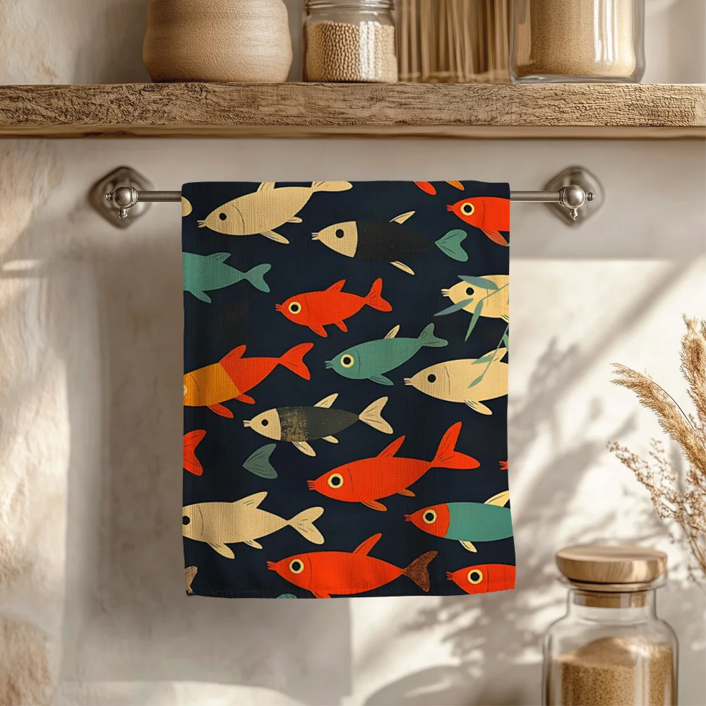 1pc Retro Colorful Fish Scrub Cloth, Soft Face&Hand Towel, Perfect for Kitchen, Dining Room, Seafood Restaurant, Bathroom