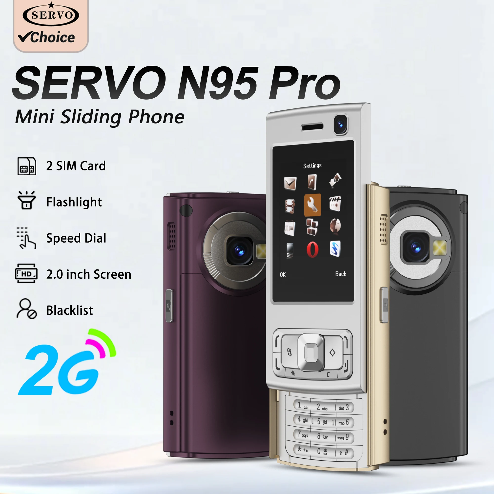 SERVO Slide Mini Mobile Phones 2G Cellular Speed Dial Call Recording 2.0'' Display Blacklist Cell phone FM Radio Flashlight MP4