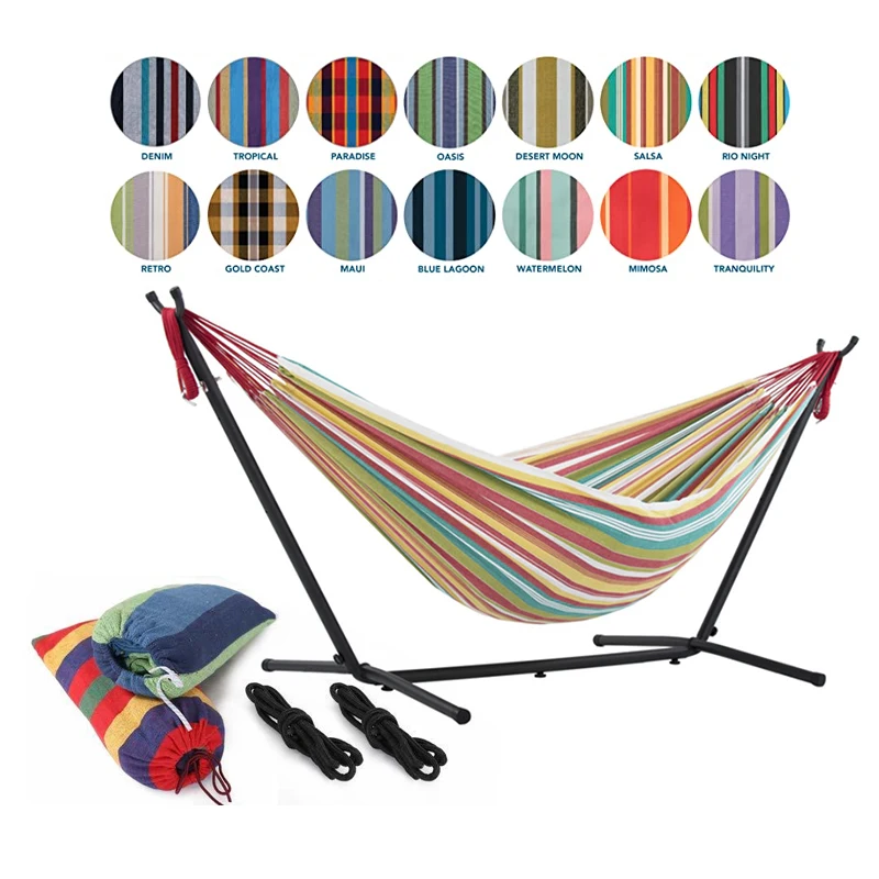 

Double Cotton Hammock with Space Saving Steel Stand Tropical (450 lb Capacity - Premium Carry Bag Included)