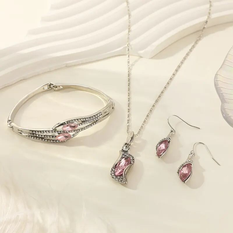 4pcs White Gold-color Plated Necklace Bracelet Earrings Set Ladies Luxury Classic Style Multi Color Glass Diamond Jewelry