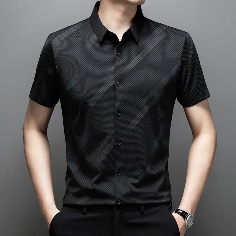 Striped Ice Silk Elastic Scarless 2024 Summer New Business Casual Short Sleeve Non Iron Shirt For Men's