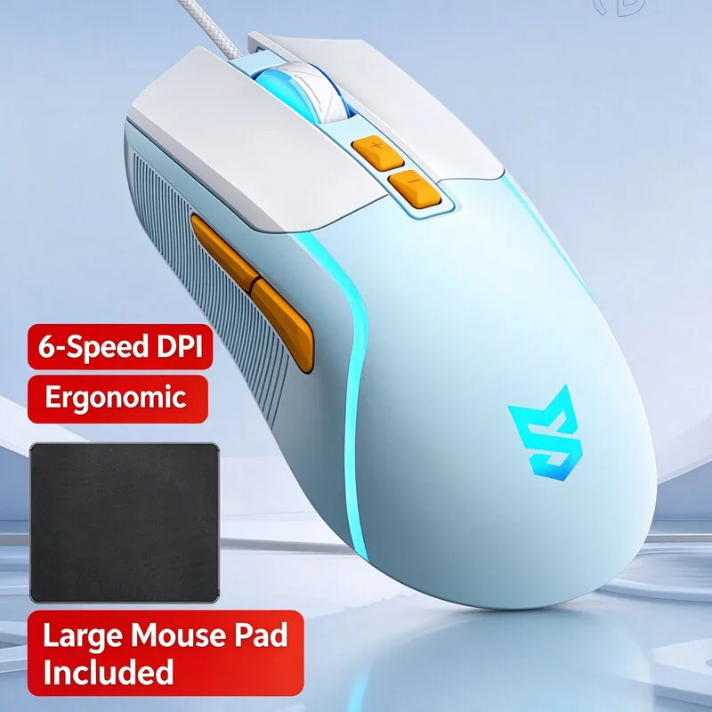 Ratón para juegos con cable, 7 teclas programables, 4 niveles de velocidad, 7200 DPI, luz RGB ajustable, diseño ergonómico, para PC