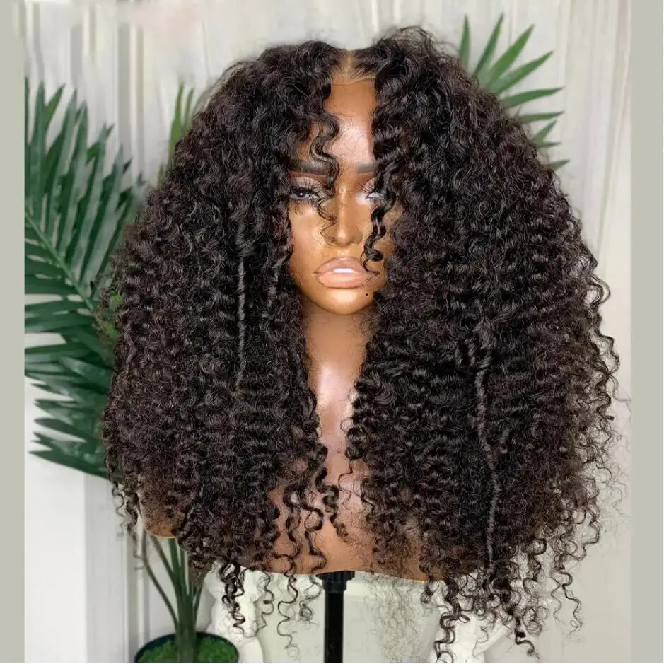 26“ Natural Black Soft 180Density Long Kinky Curly Lace Front Wig For Women Babyhair Preplucked Heat Resistant Glueless Daily