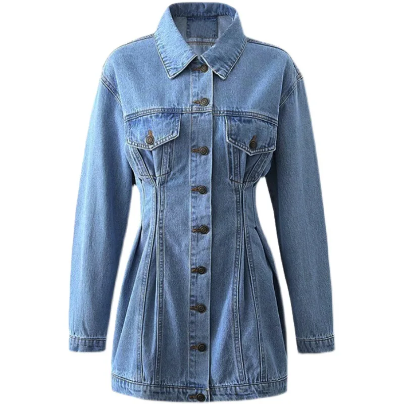 Vintage Denim Jacket Dress Fashion Slim Fit Button Skirt Turndown Collar Long Sleeve Washed Jeans Dresses For Woman Vestidos