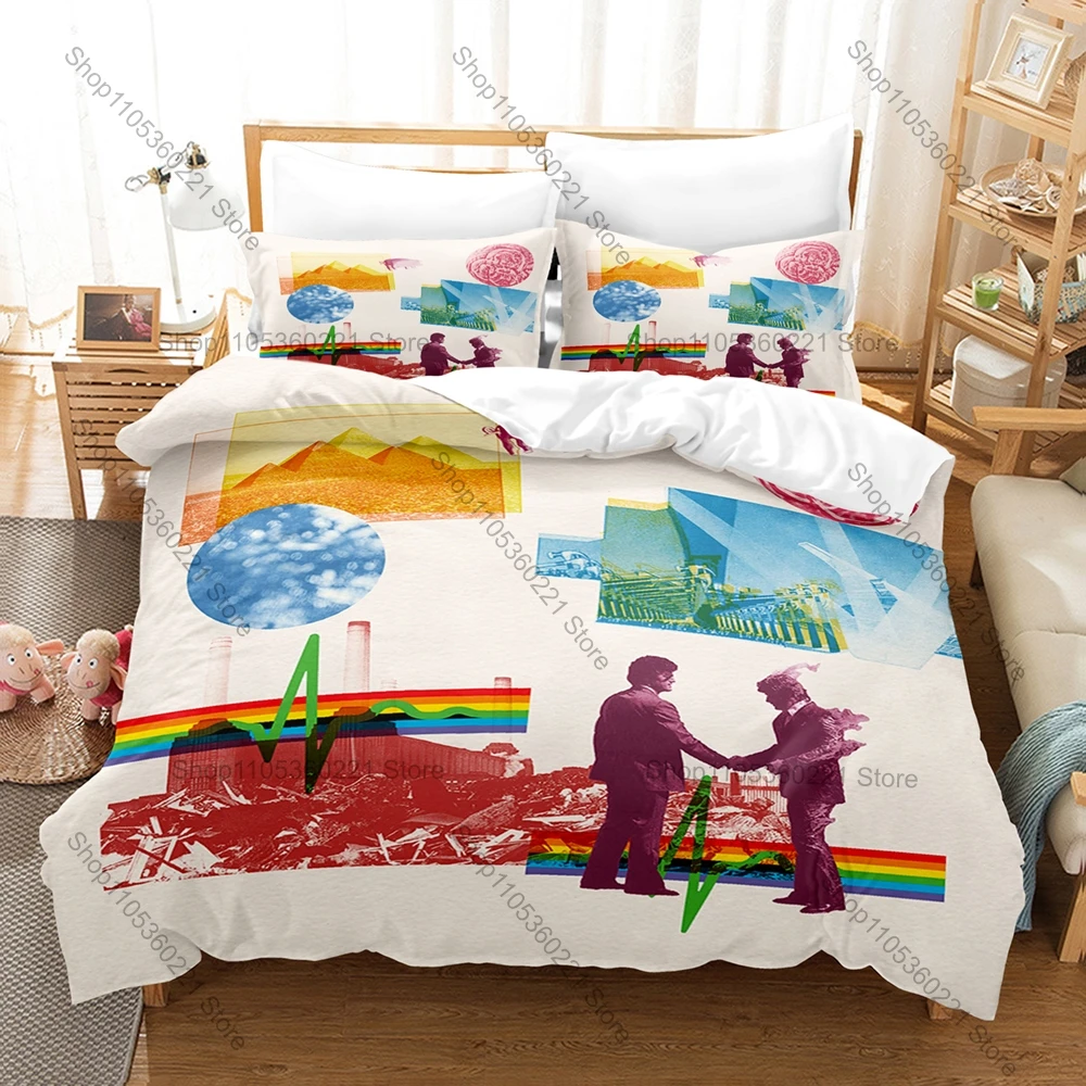 P-Pink Floyd Duvet Cover + 2 Pillowcases Dark Cosmic Nebula Line Art Print Soft Quilt Cover Set British Vintage Rock Themed