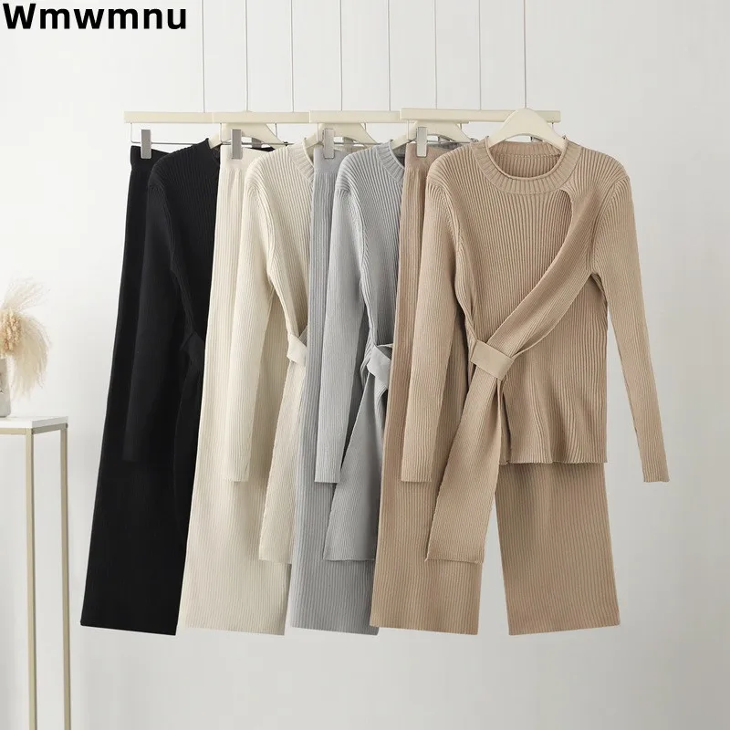 

Fall Winter Casual Women 2 Piece Sets Korea Design O-neck Sweater Tops Ensemble Soft Elastic High Waist Wide Leg Pants Conjunto