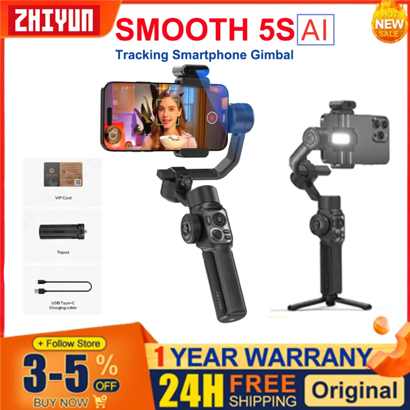 ZHIYUN SMOOTH 5S AI Tracking 3-Axis Smartphone Gimbal Handheld Stabilizer for iPhone 15 Pro Max for Xiaomi for Vlog Filming