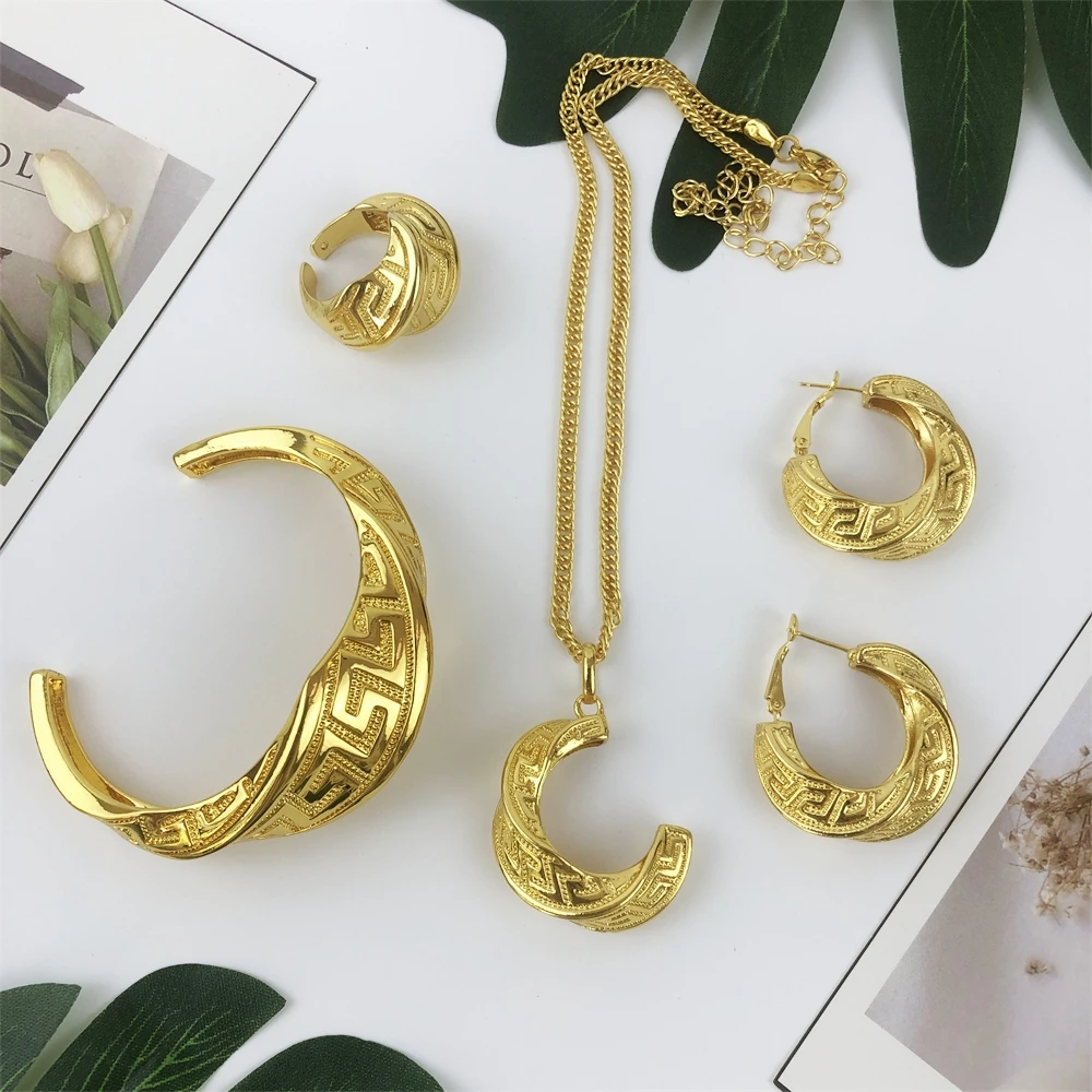 

ESALE Italy hot fashion women's jewelry set Dubai gold-plated necklace earrings bracelet ring jewelry set