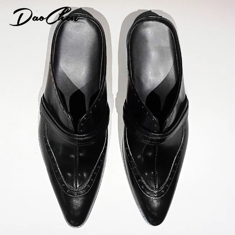 Fashion Style Men\'s Mules Half Shoes Mixed Colors Black Slip On Wingtip Causal Dress Mens Shoes Summer Leather Shoes Men