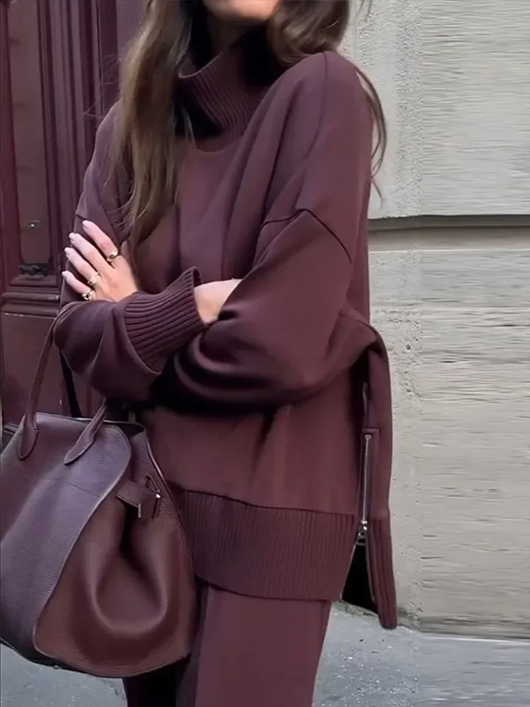 

Elegant Knitted Sweater Pants Set Women Zipper Turtleneck Long Sleeve Tops Wide Leg Trousers Spring Casual Loose Outfits