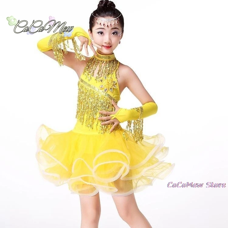 Children's Latin Dance Costumes Children's Latin Skirt Sequins Performing Competition Costume Girls Salsa Dancing Tassel Dress
