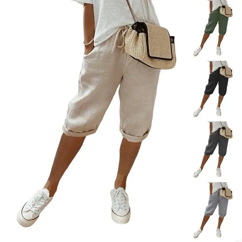 Knielänge Bermudas Shorts Cotton Leinen Shorts Frauen lässig losen Fitnessstudio -Shorts Kordelstring Elastic Taille Summers