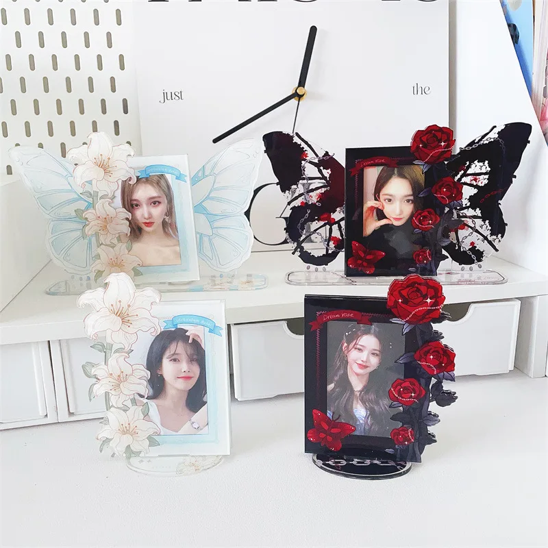 

Акриловая подставка для хранения карточек с цветами розы и лилии, фоторамка для снимков знаменитостей, подставка для маленьких карточек и полароидных фотографий