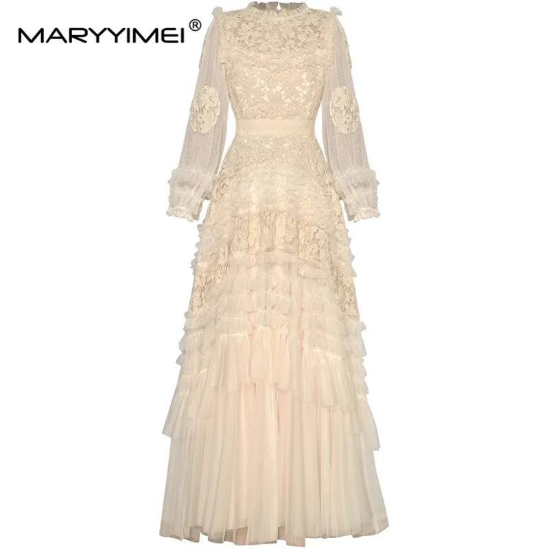 MARYYIMEI Vintage Women\'s Ball Gown Dress Lantern Sleeved Hook flower hollow Mesh Hollow Out Flounced Edge Big Swing Dresses