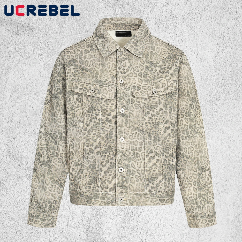 

Leopard Denim Jacket Mens Retro Cargo Streetwear Loose Lapel Single Breasted Long Sleeve Outerwear Man
