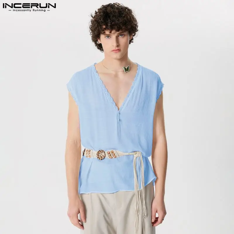 INCERUN Men Tank Tops Lace Patchwork V Neck Sleeveless Casual Male Vests Summer Loose Streetwear 2024 Fashion Men Clothing S-5XL