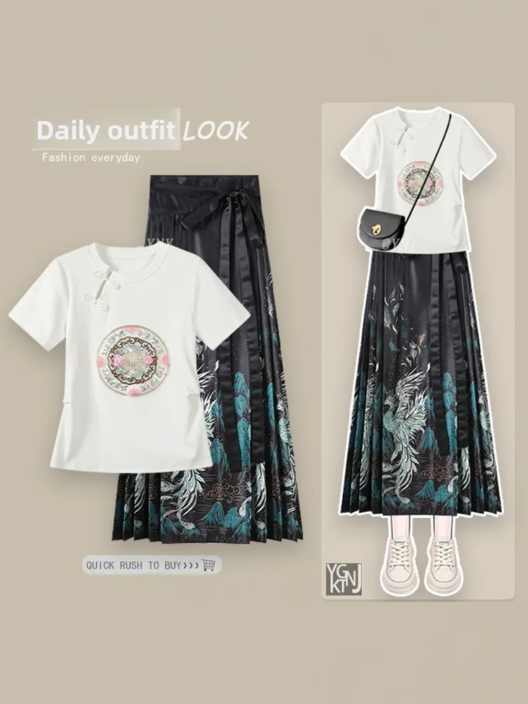 

Новый китайский традиционный комплект из двух предметов: вышитая блузка с коротким рукавом и круглым вырезом, улучшенная юбка миди. Модный традиционный наряд.