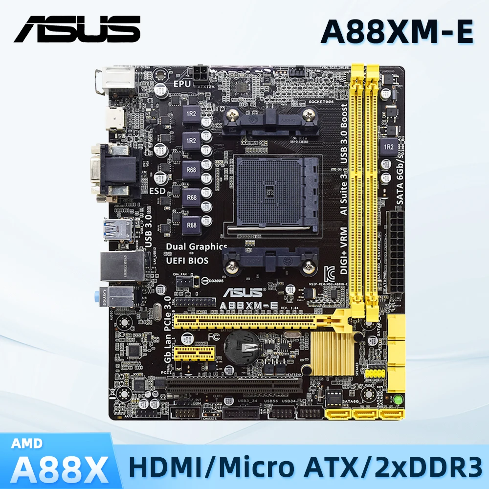 

ASUS A88XM-E Used Motherboard Socket FM2+ Supports AMD A10 A8 A6 A4 Processors A88X Chipset 2x DIMM Max. 32GB Micro ATX PCIE 3.0