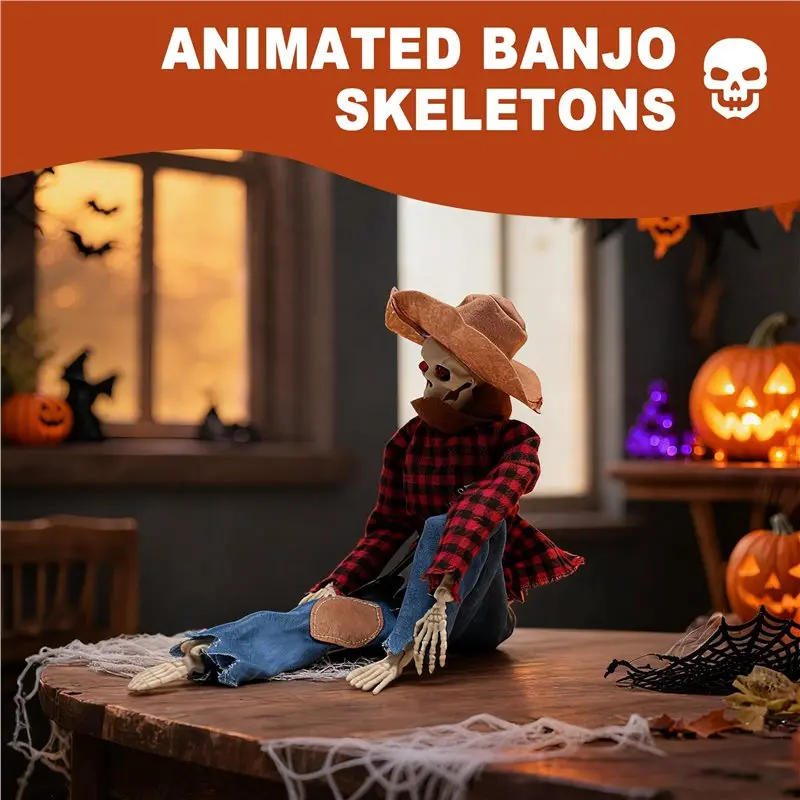 Dueling Banjo Skeletons, Funny Halloween Animated Banjo Skeletons Featuring Light Eyes, Skeleton Musicians
