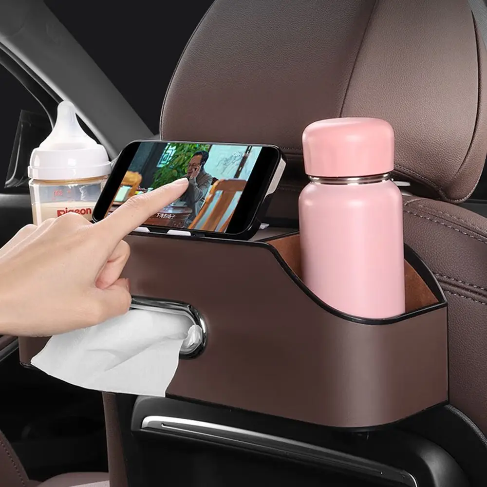 Headrest Hook Car Back Seat Organizer High-capacity Detachable Backseat Drink Cup Holder PU Leather Phone Stand