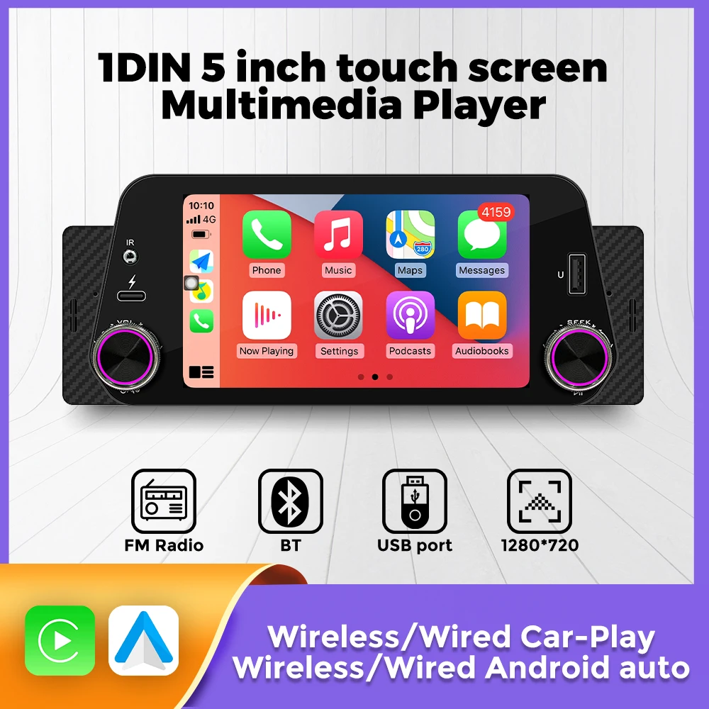 5'' 1 DIN Touch Screen Multimedia MP5 Player Head Unit Android Auto Wireless CarPlay USB GPS Navigation Car Radio For Universal