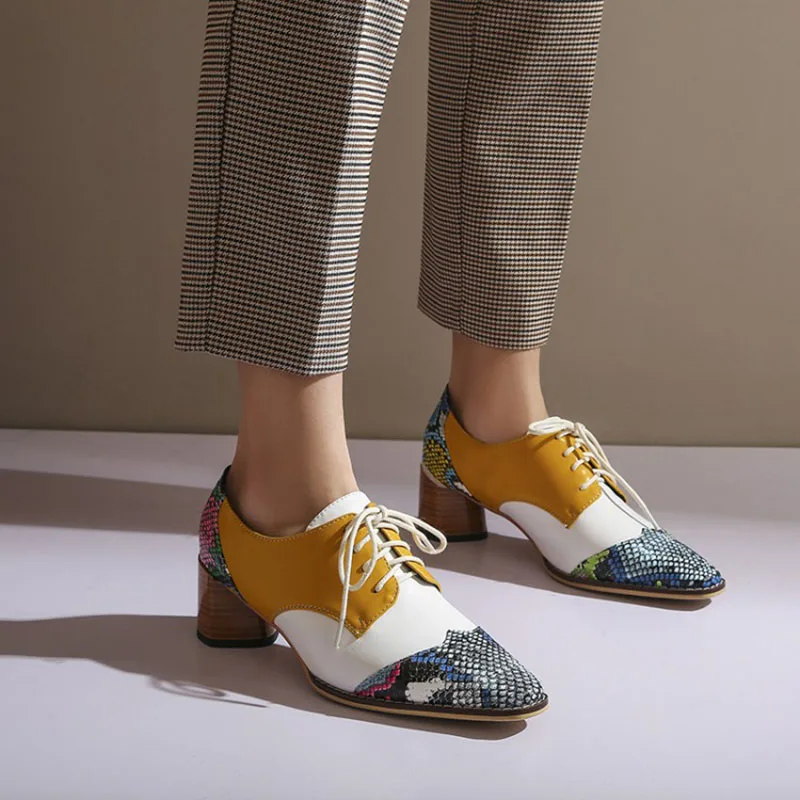

Phoentin Snake print brogue shoes for women lace up pointed toe chunky heels pumps deep mouth plus size 40 41 42 43 FT4009