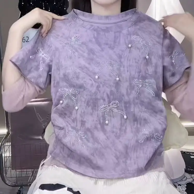 

Модная универсальная женская футболка с круглым вырезом и короткими рукавами, тонкий топ, лето 2025 г., бант из бисера