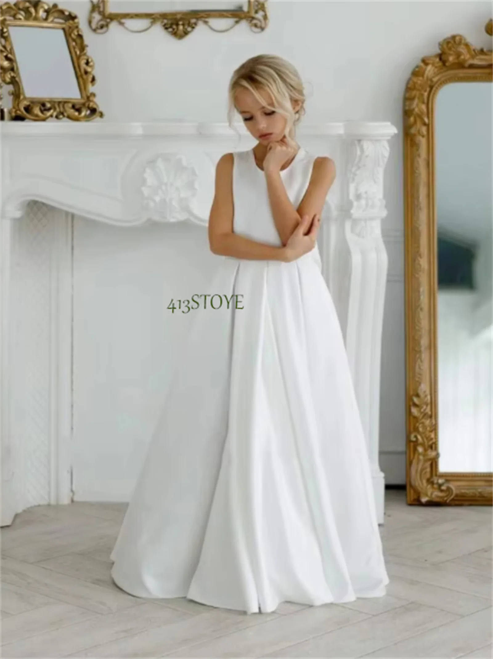 

Новое белое атласное платье с цветочным узором для девочек на свадьбу, платье трапециевидной формы принцессы для первого причастия, детские нарядные костюмы