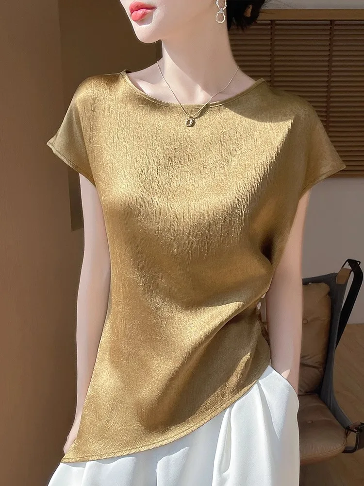 خلات الساتان ort Sve تي شيرت المرأة الجولة Ne اللون غير المتكافئة f Sve الصيف وصول جديد الرطوبة ng #1