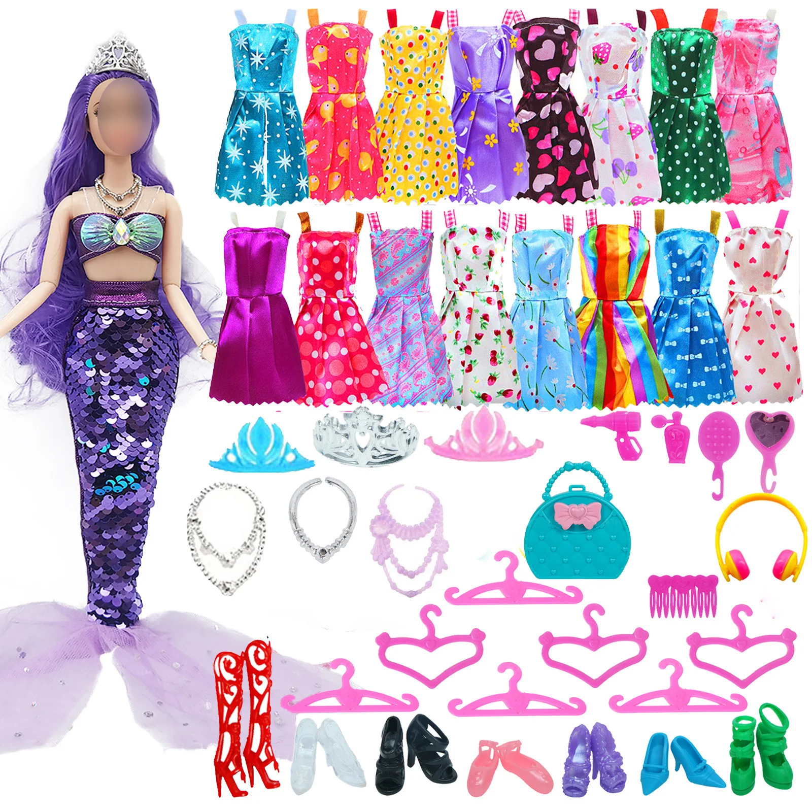 Random 38 Pcs Doll Accessories 1 Mermaid Tail Dress 10 Mini Dresses 27 Accessories Bags Hangers Shoes Clothes for Barbie Doll