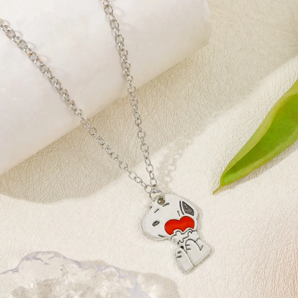 Lovely Cartoon Snoopy Holding Red Heart Enamel Pendant Necklace Charm Dog Design Clavicle Chain for Women Girls Accessory