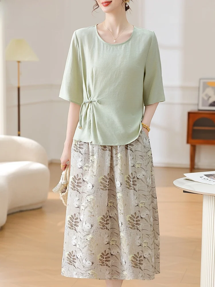 

Faionable Cotton Linen Skirt Set for Young Mothers Autumn Wear f Length Women's Sle Loose Fit round Ne ort Sve