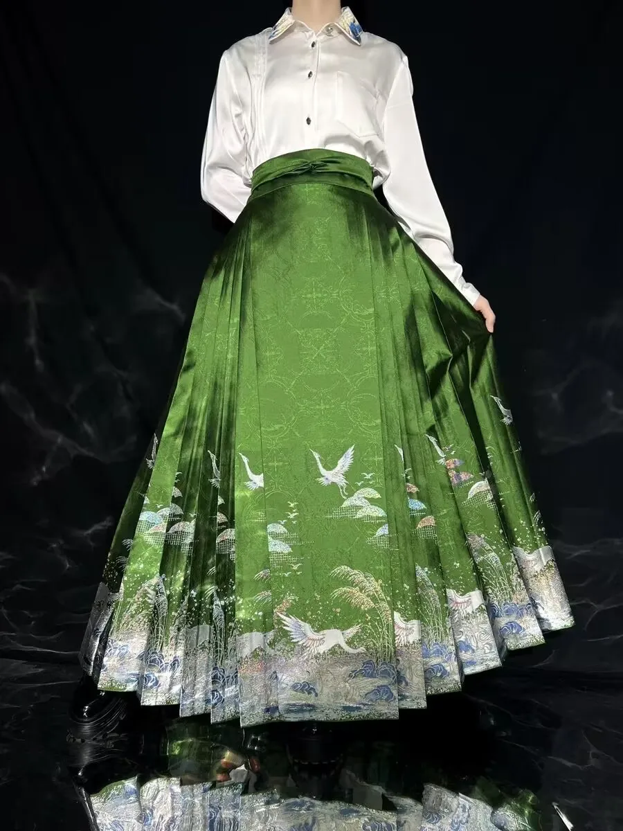 Новогодний костюм Hanfu, юбка с конским лицом, женская юбка со складками, китайский стиль, вышивка, зеленое плетение, золотистая, черно-зеленая юбка Hanfu