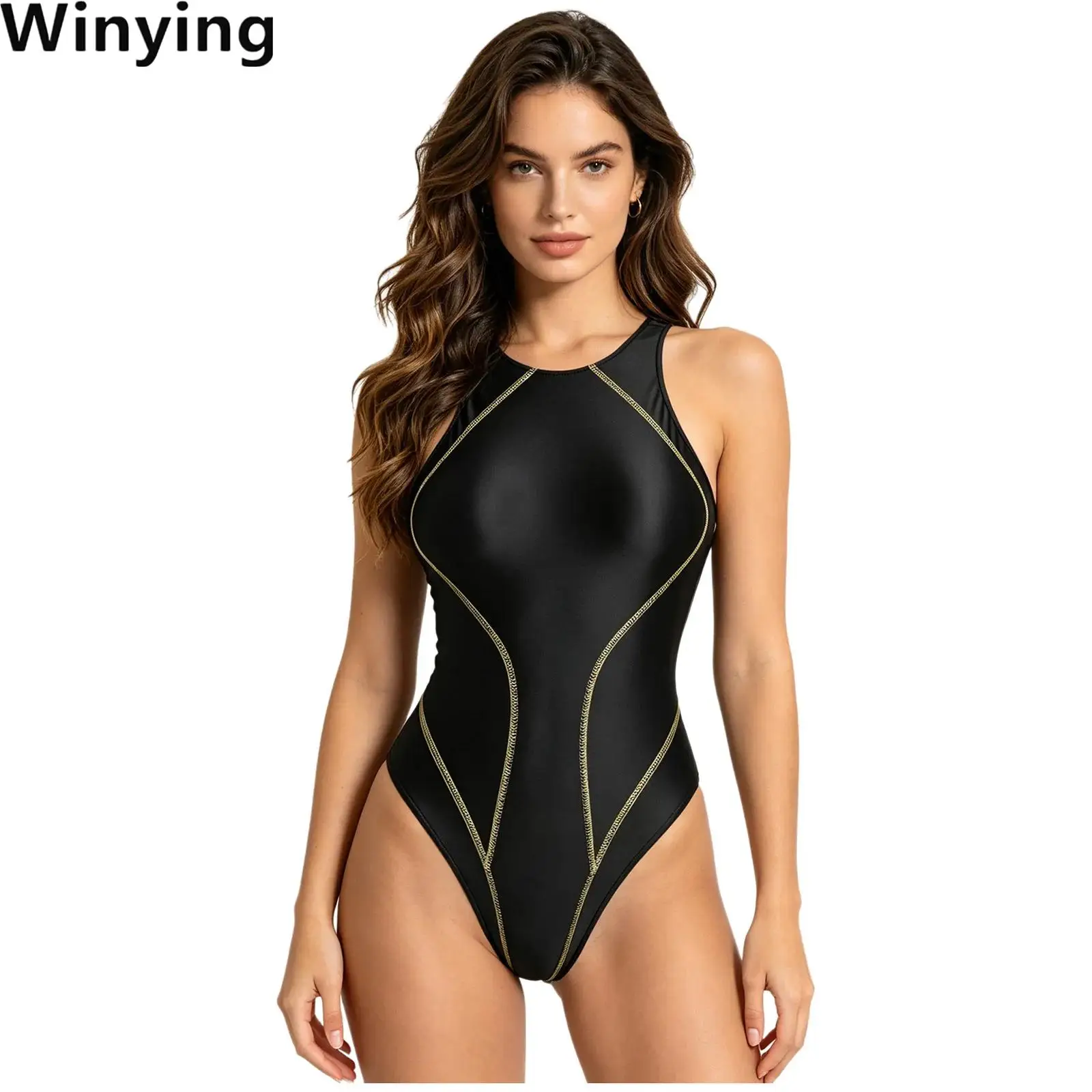 

Women Oil Shiny One Piece Bathing Suit Seams Leotards Swimwear Sleeveless High Cut Swim Bodysuit Swimwear for Beach Sunbathing