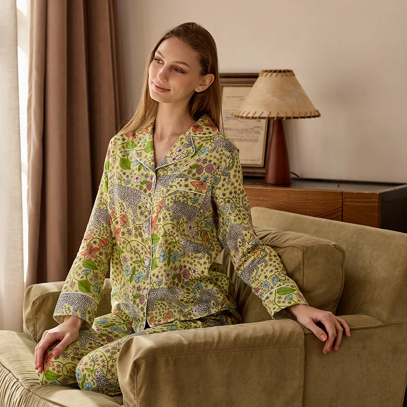 HELLOMARCEL EU US Size Luxury Quality Double-Layer Gauze Home Wear Long-Sleeved Long Pants Suit Women Autumn Pajamas