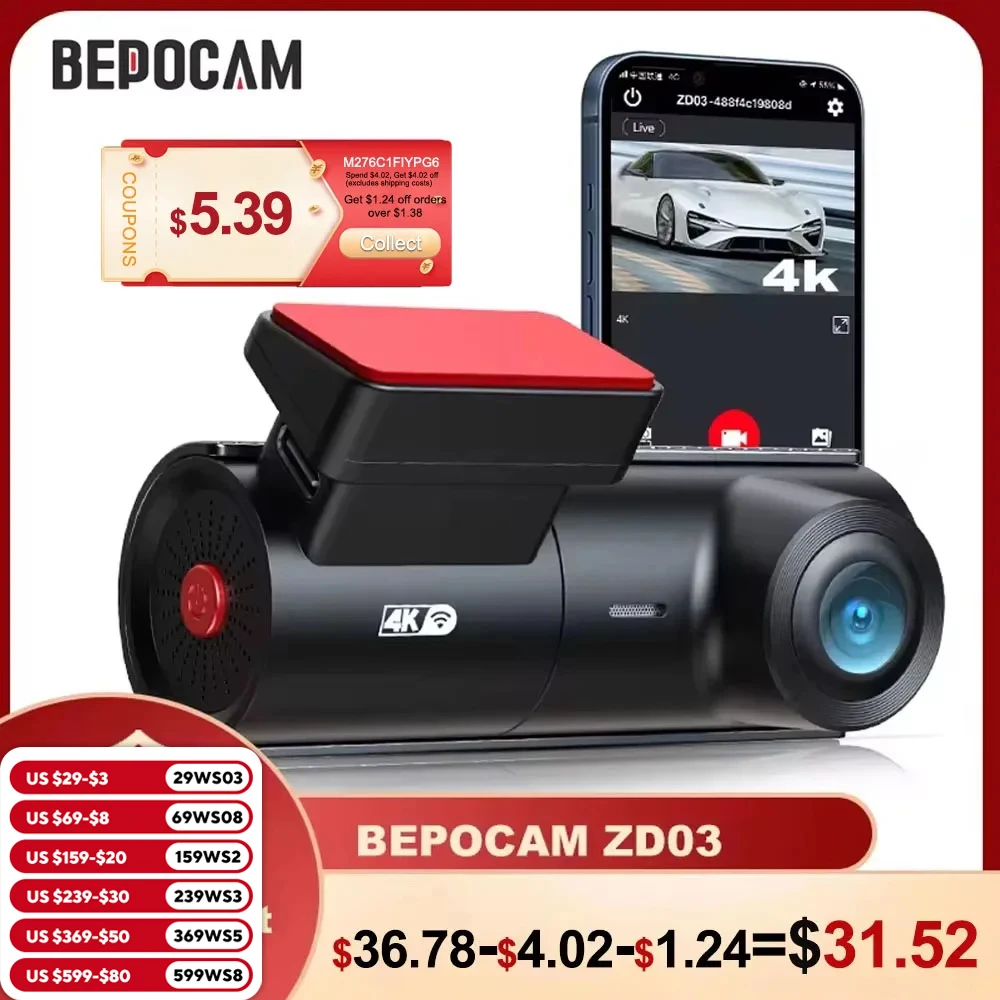 BEPOCAM ZD03 4K Dash Cam voor auto\'s Wifi met 170 °   Groothoek FOV WDR Nachtzicht Auto DVR 24H Parkeermonitor WIFI & App-bediening