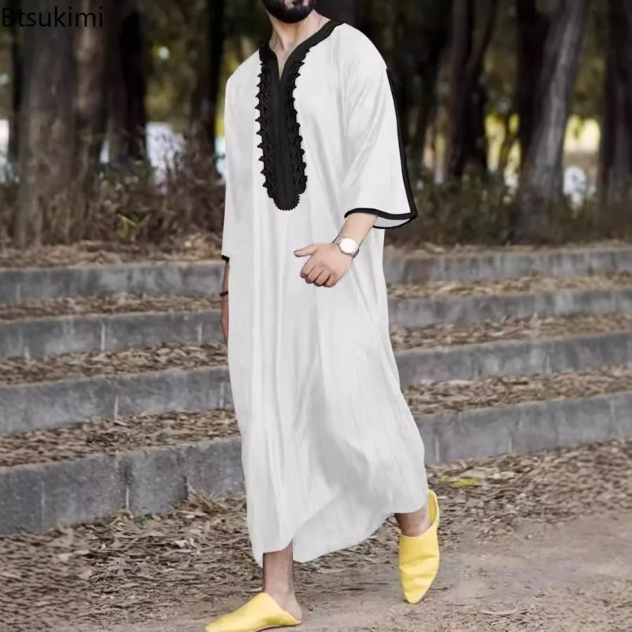 2025 nova moda muçulmana masculina abayas listra bordado jubba thobe árabe roupas islâmicas manga longa casual caftan dubai robes